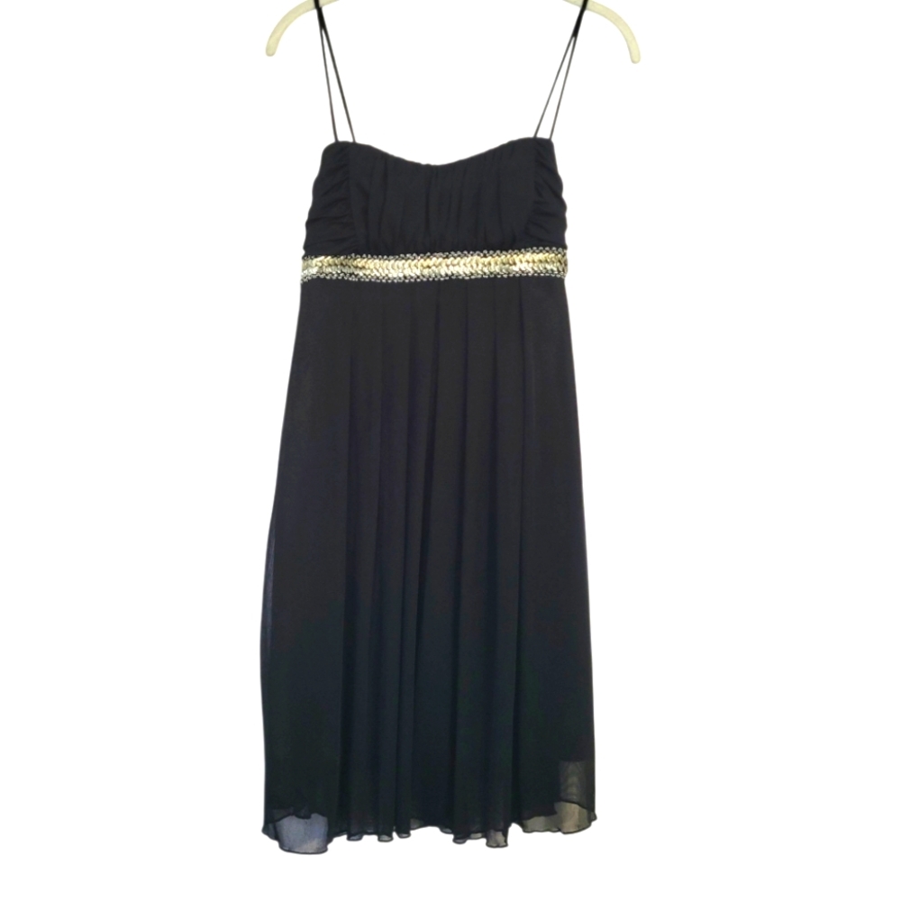VINTAGE 90s Black chiffon mini dress sparkly silver sequins ruched bust detail